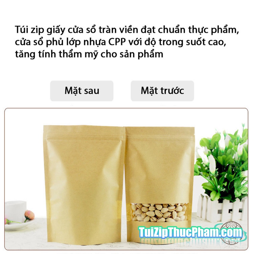 100 cái túi zip MIS size 9x14 cm đựng 50g bột mịn, túi zipper giấy kraft vàng có cửa sổ, phủ CPP đựng thực phẩm