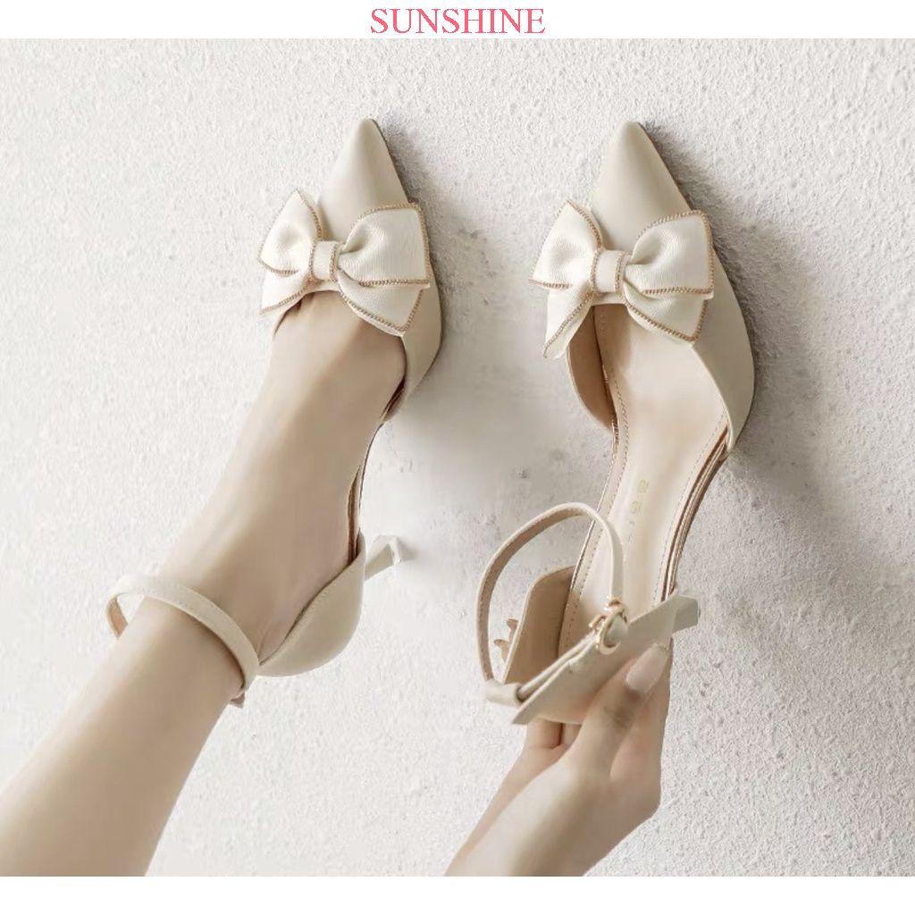 Giày cao gót gót nhọn, cao gót bít mũi đính nơ 7p Sunshine Store A029