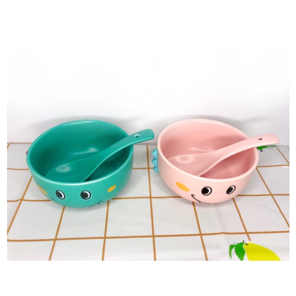 Bát tròn khủng long bằng gốm sứ cao cấp size to tặng kèm thìa bằng sứ cho bé yêu ăn cơm, tập ăn dặm