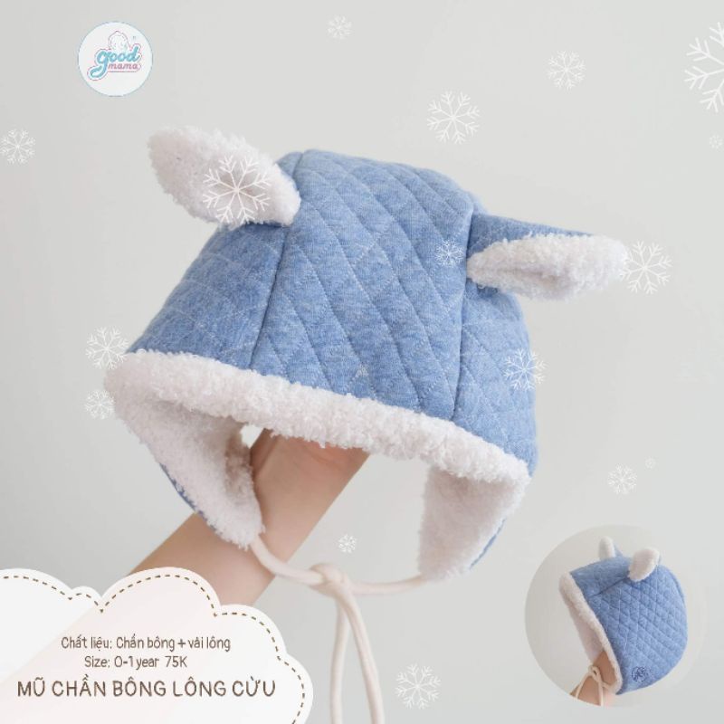Goodmama - Mũ tai thỏ trần bông, chần bông, có lót lông cho bé 0-1y