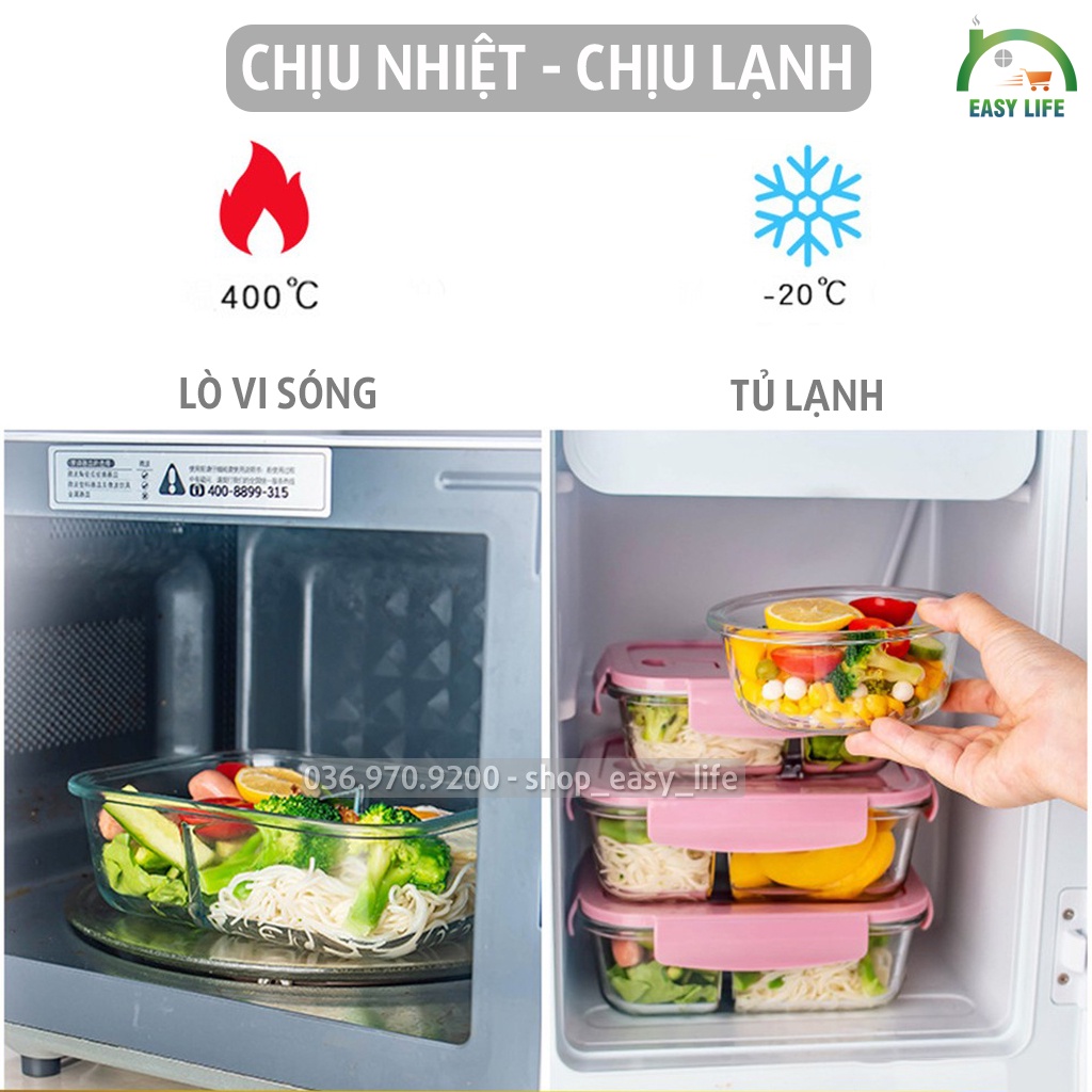 Bộ hộp cơm văn phòng thủy tinh 3 ngăn [3 ngăn 1000ml + hộp canh + túi], dùng được trong lò vi sóng