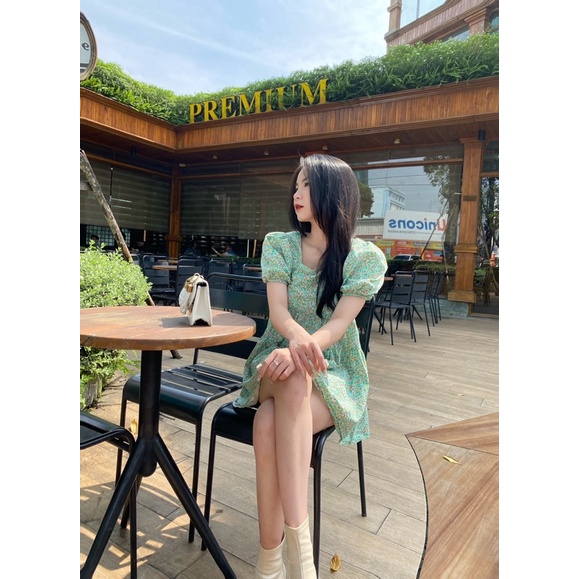 Đầm váy hoa nhí xanh thô dây nơ lưng style Ulzzang