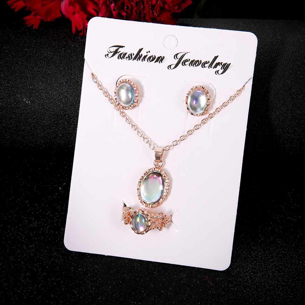 Set dây chuyền nhẫn và khuyên tai phối đá giả Opal thời trang phong cách