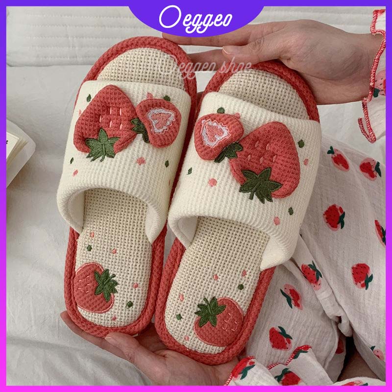 Oeteo Dép cotton Lanh Đi Trong Nhà Đế Bằng Họa Tiết Dâu Tây Dễ Thương Cho Nữ