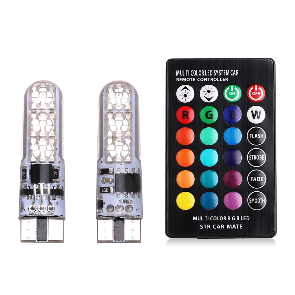 Set 2 bóng đèn LED 5050 RGB T10 có điều khiển từ xa dùng để trang trí xe hơi