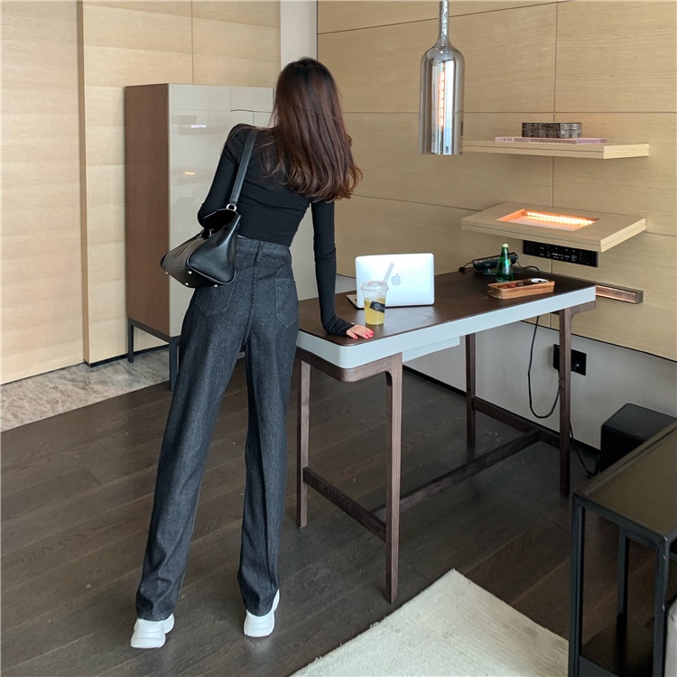 QKOOLE  Quần jean dài ống rộng lưng cao phong cách retro Hàn Quốc thời trang cho nữ