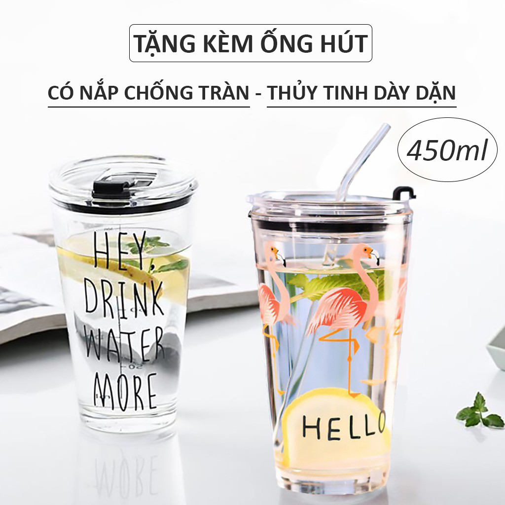 Ly thủy tinh chia vạch dung tích có nắp 450ml chịu nhiệt dùng pha sữa đựng trà in họa tiết dễ thương