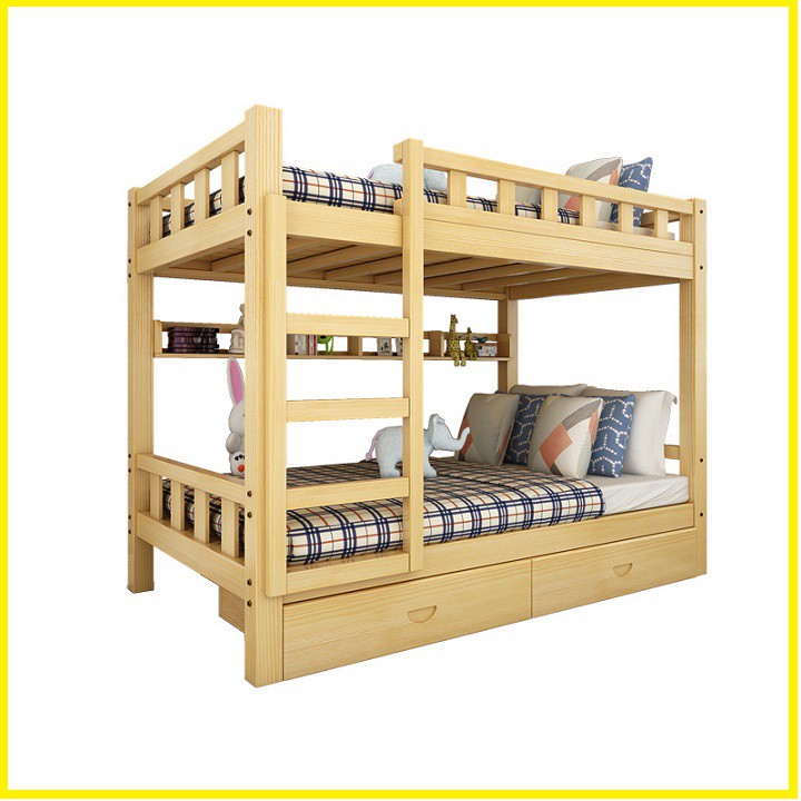 Giường tầng gỗ thông mộc bản full kệ sách, đệm, ngăn kéo-giường tầng trẻ en
