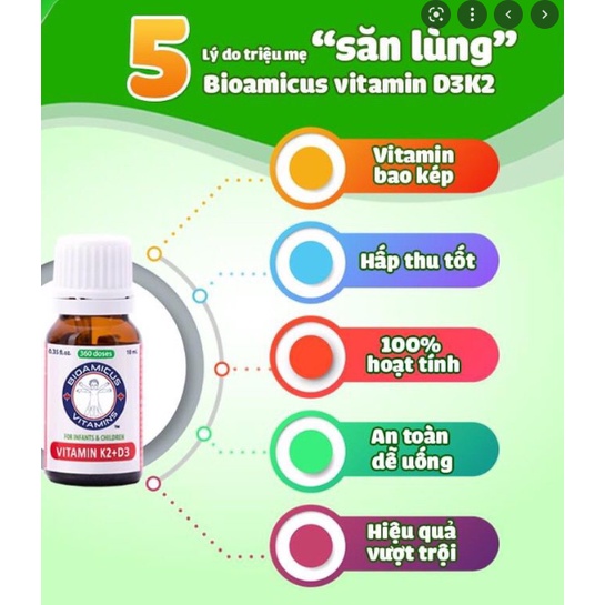 Vitamin D3/K2+D3 Bioamicus tăng cường hấp thu Calciums giúp phát triển xương/răng ở trẻ  - Herbaby