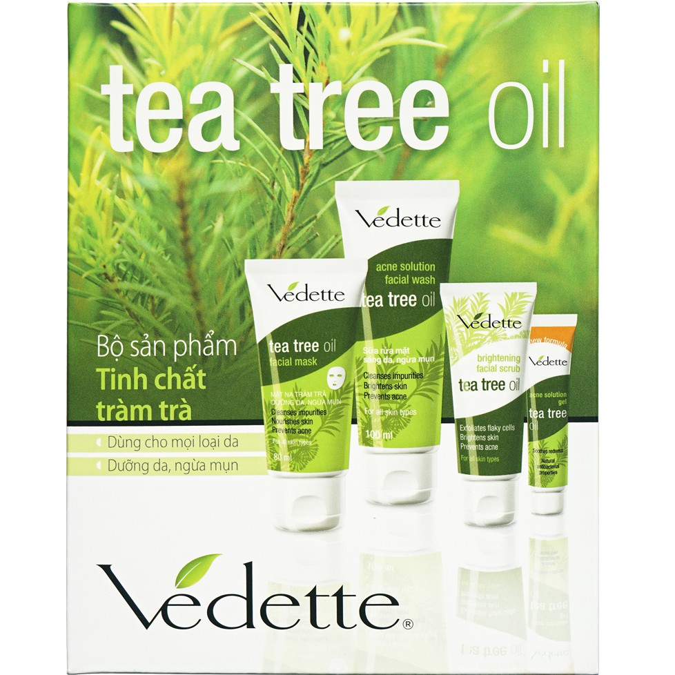 Bộ 4 Chăm Sóc Da Mụn Vedette Tinh Dầu Tràm Trà (Tea tree oil) (TPBODDNM)