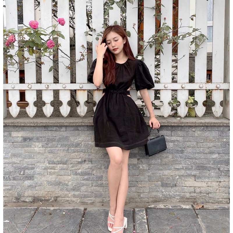 ĐẦM ĐEN ANNA DRESS thiết kế cut-out hở lưng sexy phần eo bo chun co giãn sau lưng thắt nơ có lót trong chất kaki chéo