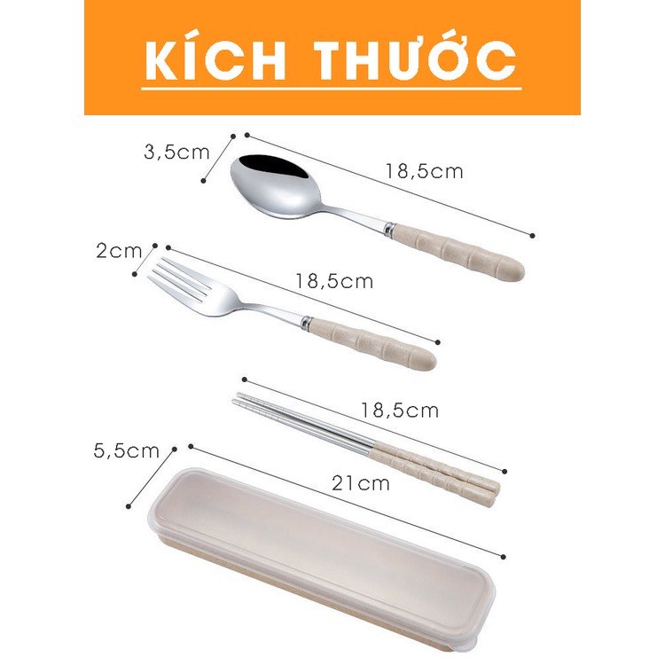 Set 3 Món Thìa, Đũa, Dĩa Lúa Mạch Cá Nhân Inox Không Gỉ, Ăn Trưa Văn Phòng - Có Hộp Đựng Tiện Lợi