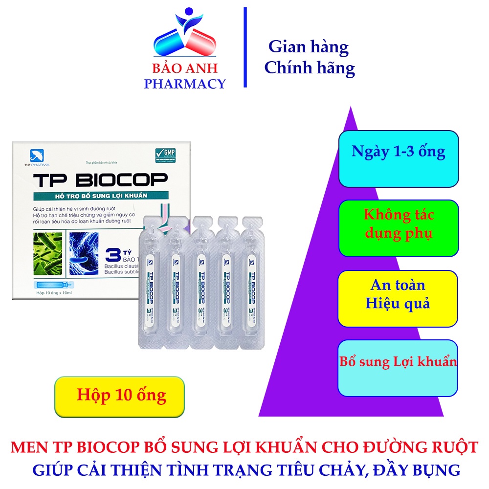 Men TP BIOCOP bổ sung lợi khuẩn giúp hỗ trợ rối loạn tiêu hóa, an không tiêu, tiêu chảy, phân sống – Hộp 10 ống