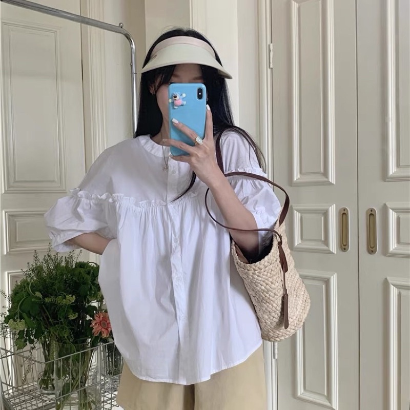 ÁO sơmi cổ tàu tay lỡ phong cách Hàn Quốc