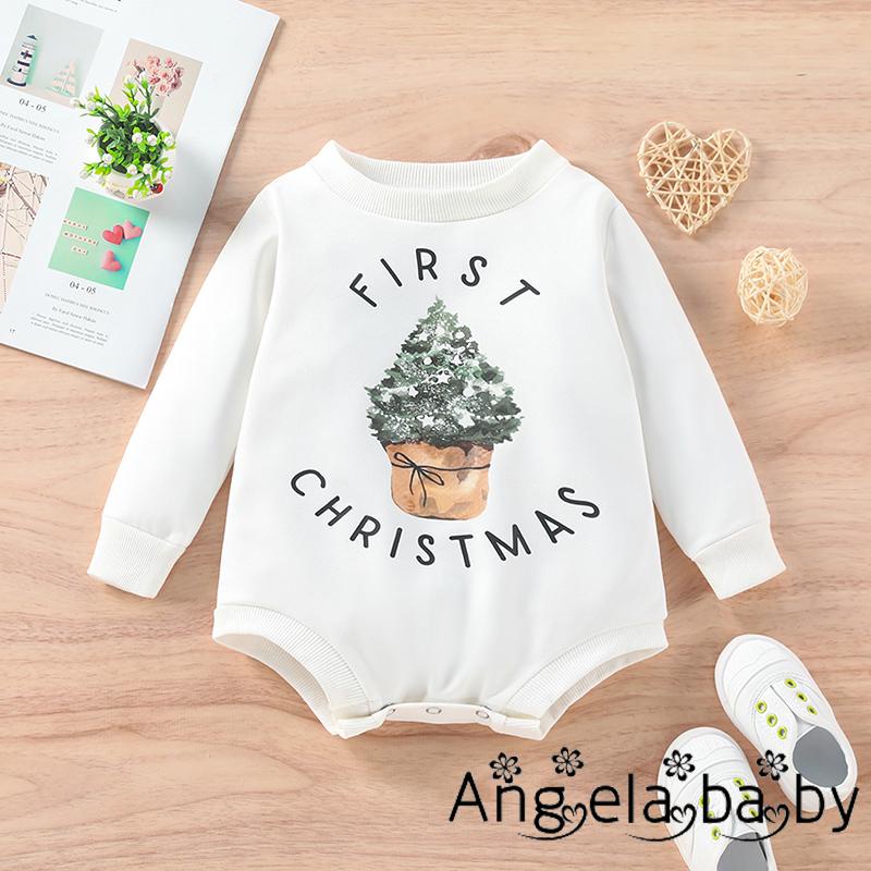 Áo Liền Quần Dài Tay In Hình Cây Thông Giáng Sinh Đáng Yêu Cho Bé