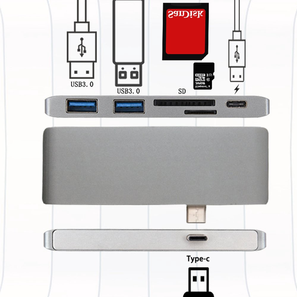 Type-C Hub USB-C Adapter 5 Ports PD Charging + 2 x USB 3.0 + SD / Micro Card Reader for MacBook Pro Dock