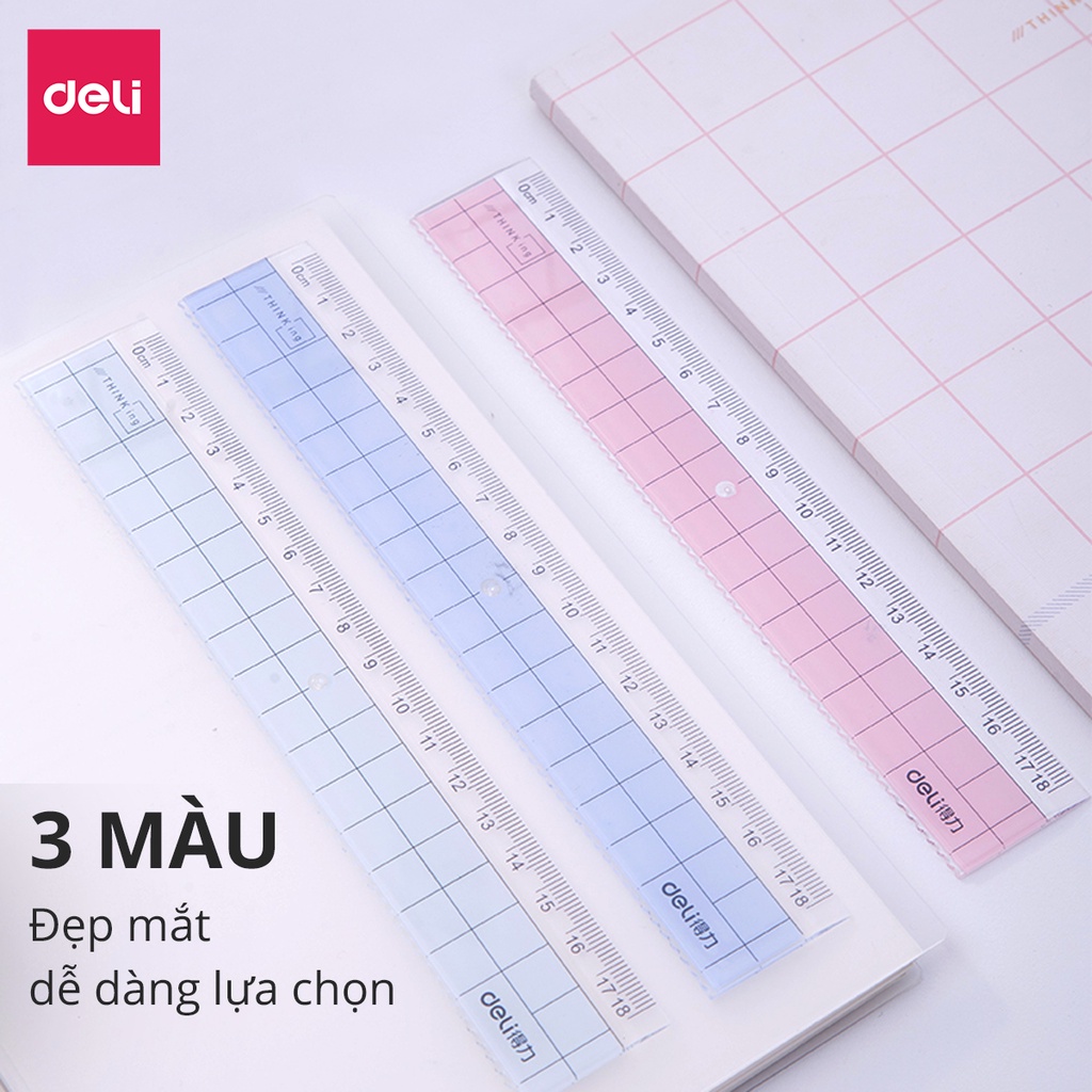 Thước kẻ học sinh họa tiết kẻ xinh xắn - Nhựa PS - 18cm Deli - Màu ngẫu nhiên - 1 chiếc - 6235