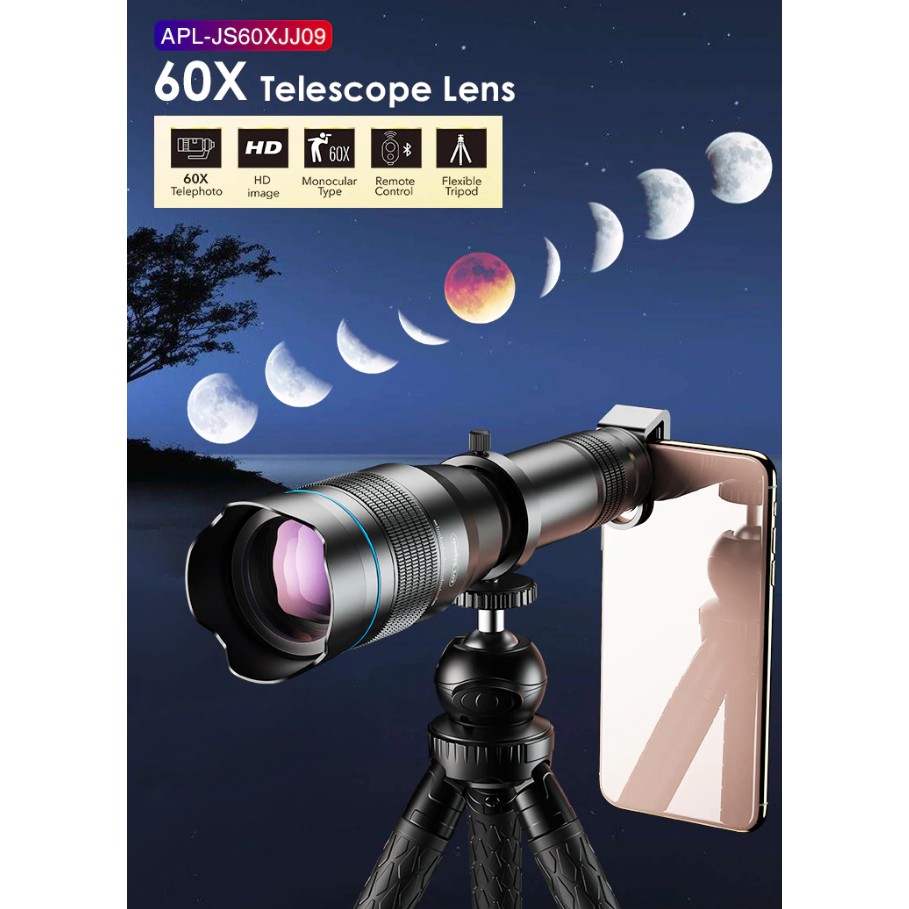 Ống kính,lens apexel tele 60x,chụp ảnh siêu xa,siêu zoom dành cho điện thoại