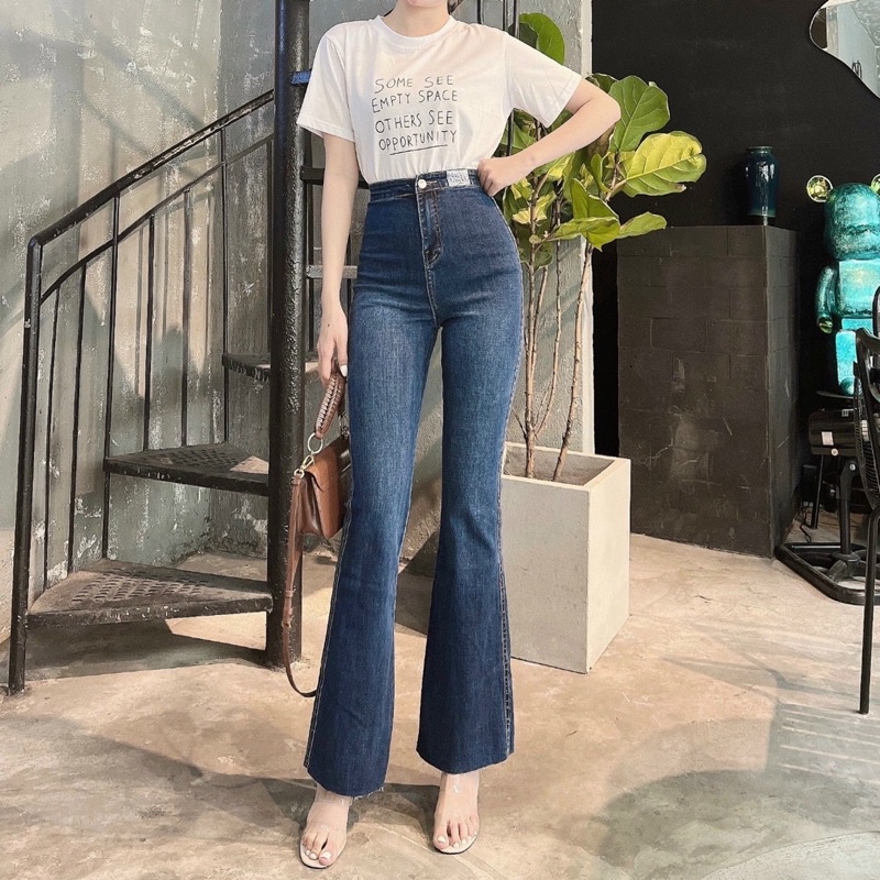 quần jeans ống loe cạp siêu cao không túi không đĩa