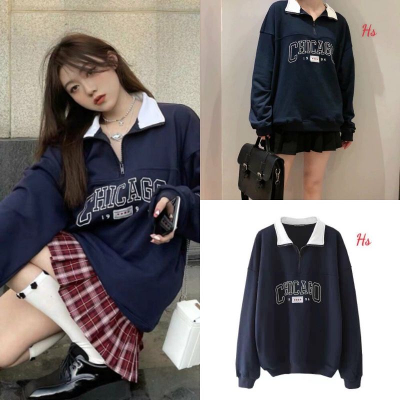 Áo khoác nữ, áo sweater nữ form rộng cổ khóa Chicagoo 1994 dưới 70kg màu xanh đen G062 | BigBuy360 - bigbuy360.vn
