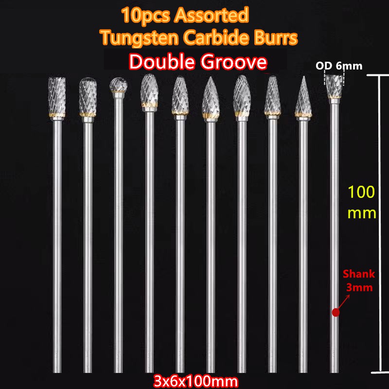 10 cái / bộ 3x6x100mm dài Tungsten Carbide Burr dụng cụ mài cắt