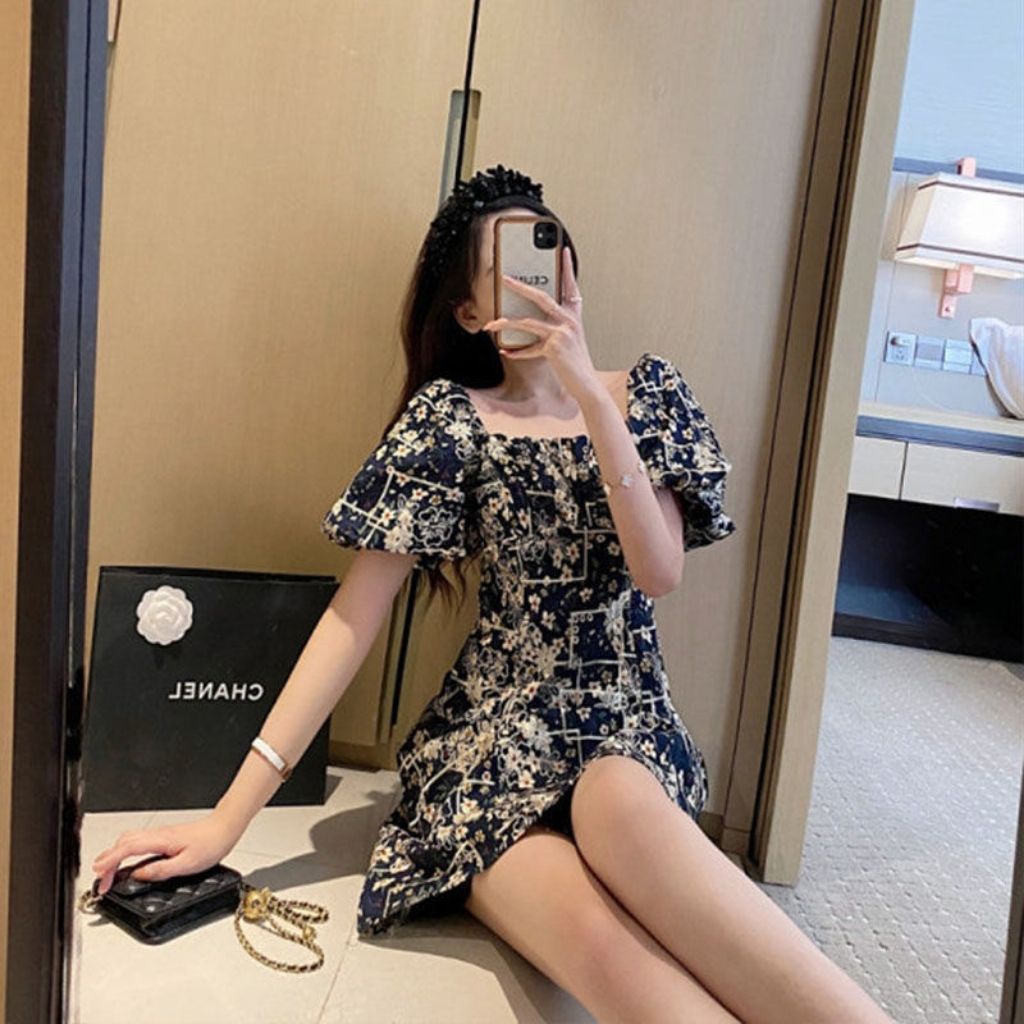 Đầm hoa nhí , váy chữ a ngắn , cổ vuông , tay bồng tiểu thư phong cách Hàn Quốc | BigBuy360 - bigbuy360.vn