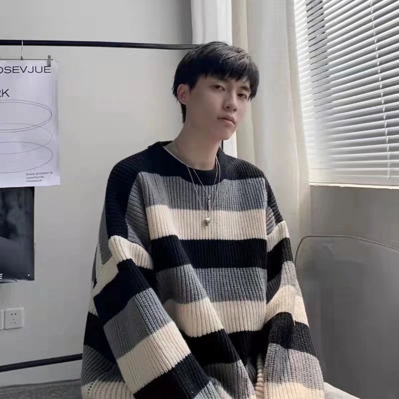 Áo sweater Dệt Kim Cổ Tròn Dáng Rộng Họa Tiết Kẻ Sọc Phong Cách Hồng Kông Thời Trang Mùa Xuân Cho Nam