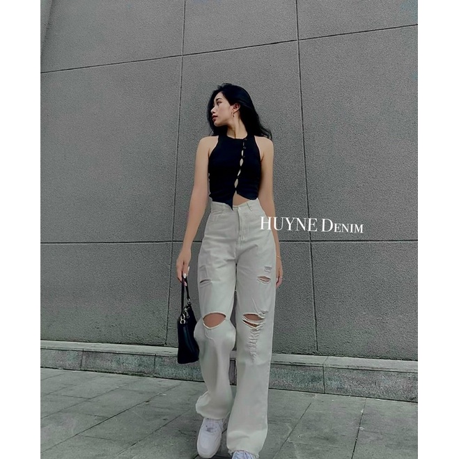Quần kaki jean ống rộng màu trắng kiểu rách cá tính - quần bò hot trend  HUYNE Denim