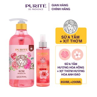Combo Sữa Tắm Mềm Mịn Hoa Hồng Purité 850ml + Xịt Thơm Dưỡng Thể Hoa Anh Đào Purité 200ml/chai
