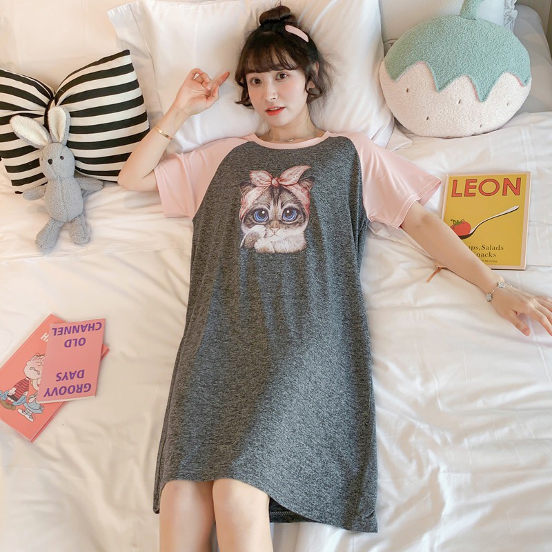 Váy ngủ in họa tiết hoạt hình tay ngắn thời trang mùa hè Hàn Quốc cho nữ