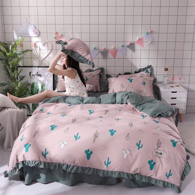 BỘ CHĂN GA GỐI 100% 40s cotton bèo   Siêu xinh