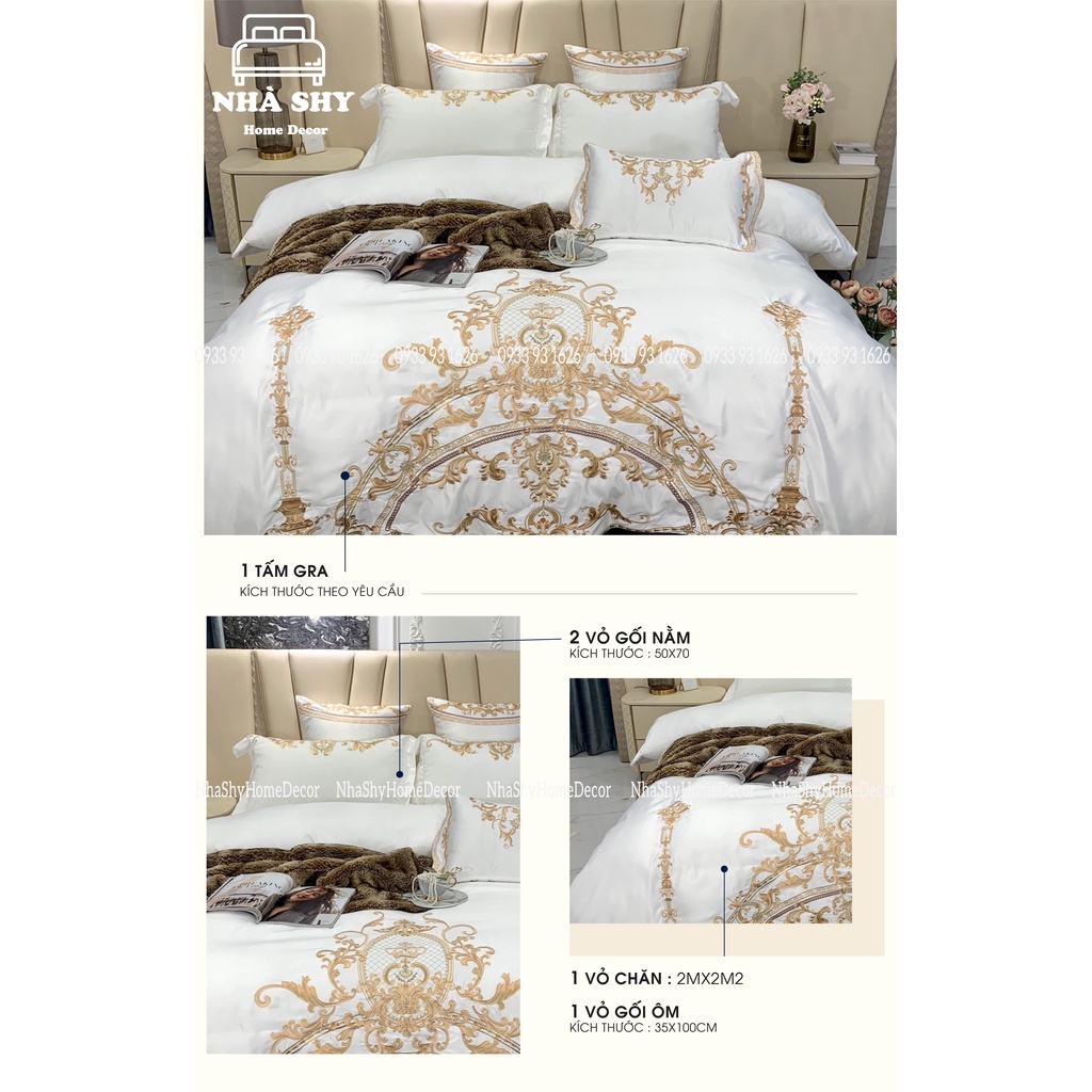 Trọn Bộ Set Ga Cotton Lụa Cao Cấp - Họa Tiết Thêu Phong Cách Hoàng Gia Quý Tộc