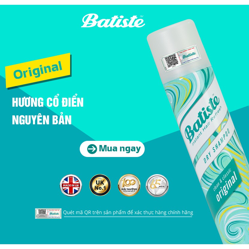 Dầu Gội Khô Hương Cổ Điển Batiste Dry Shampoo Clean &amp; Classic Original 200ml