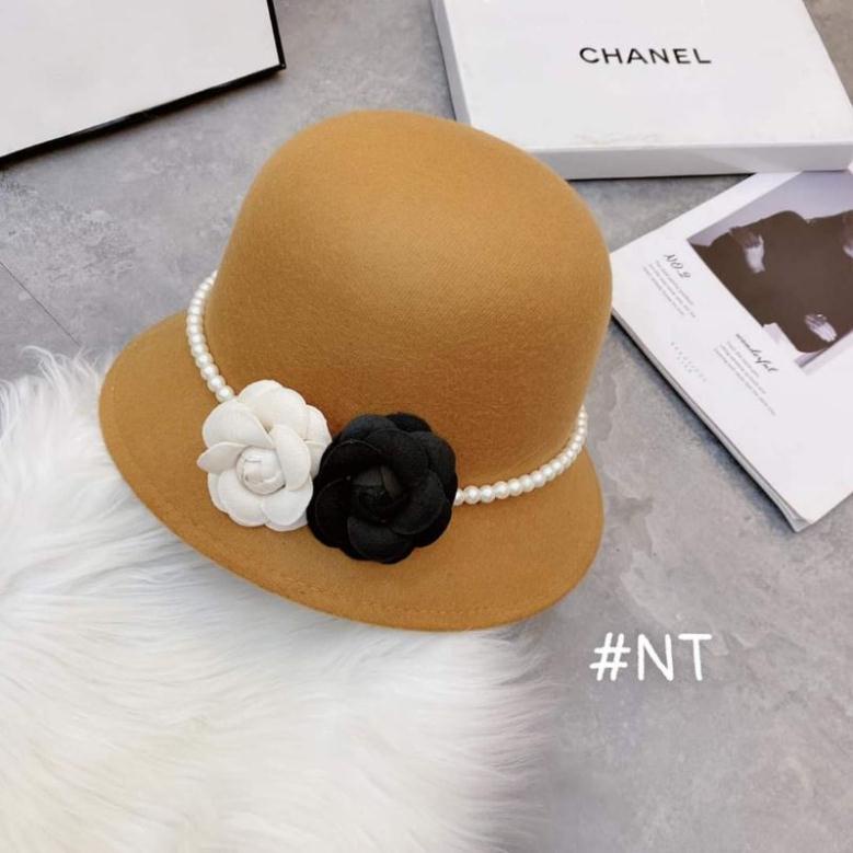 Mũ dạ vành cụp đai ngọc gắn hoa cao cấp siêu hot