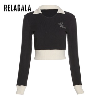 Relagala áo thun croptop dài tay ôm dáng vừa vặn thời trang cho nữ