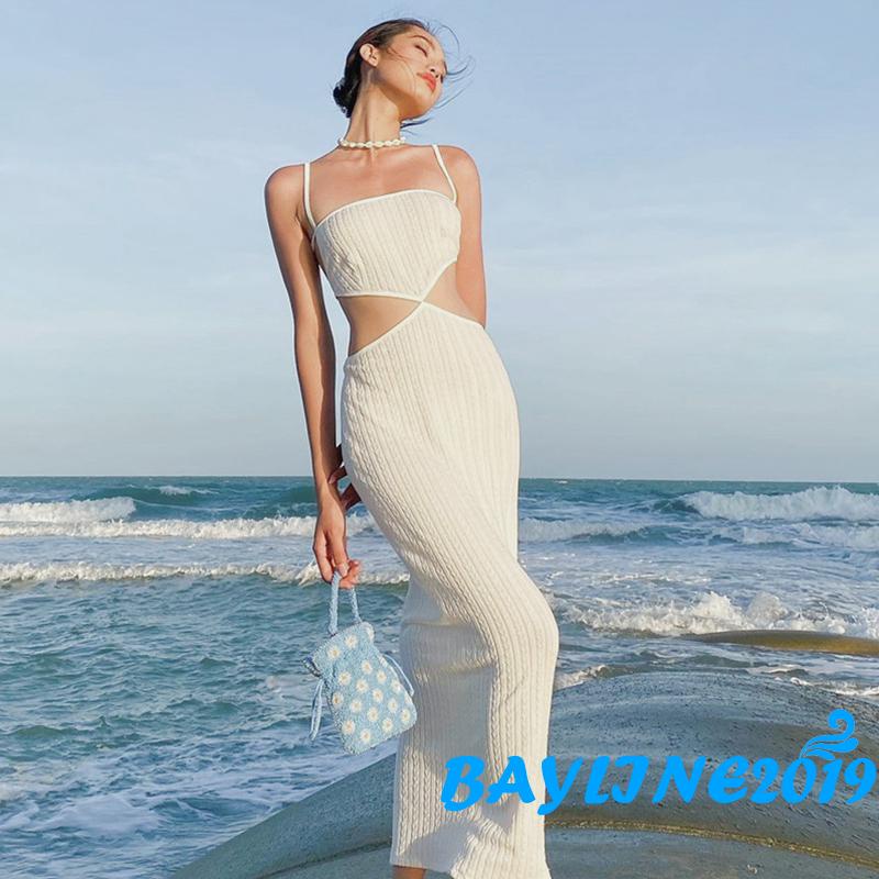 Đầm Dài Hai Dây Ôm Dáng Không Tay Màu Trơn Hở Lưng Cao Thắt Nơ Thời Trang Mùa Hè Cho Nữ