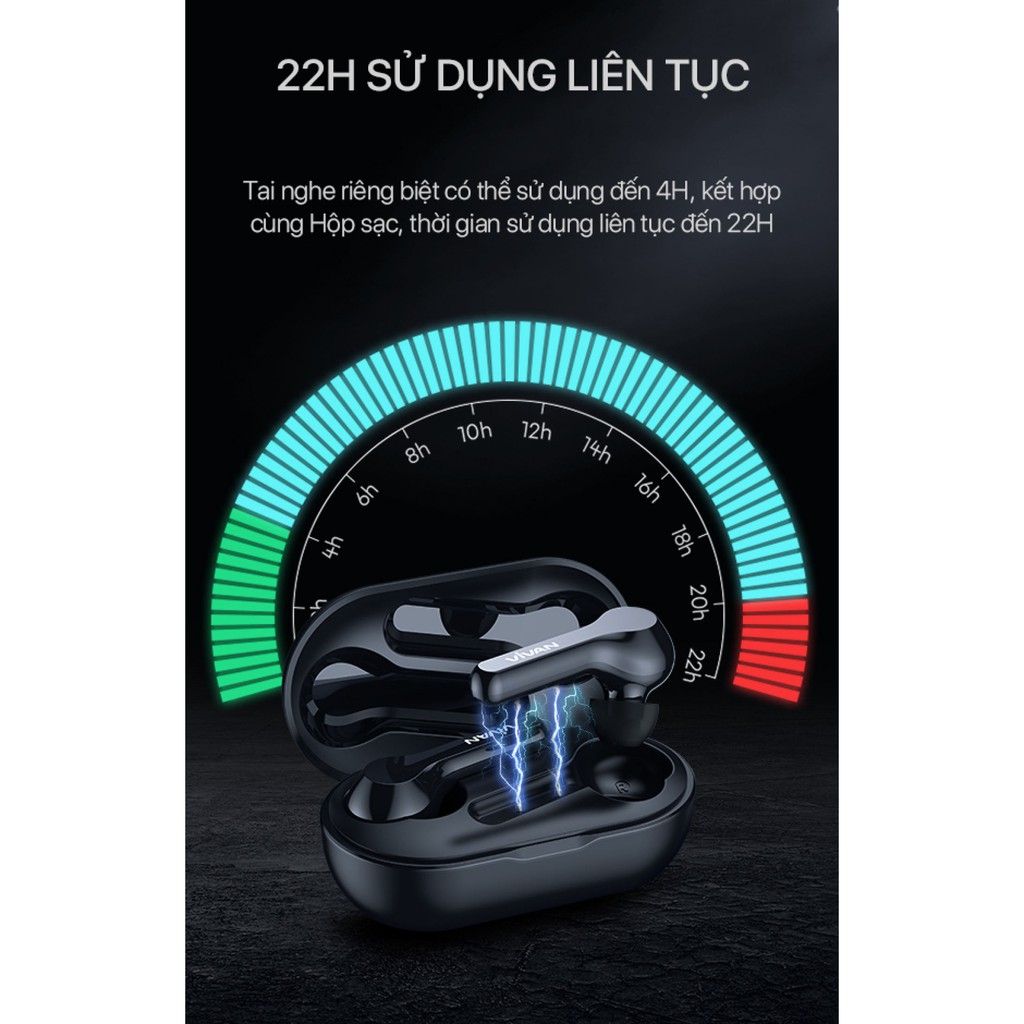 Tai Nghe Không Dây Bluetooth 5.0 VIVAN T200 True Wireless Chống Nước IPX4 Cảm Ứng Thông Minh Playtime Đến 22H Chính Hãng