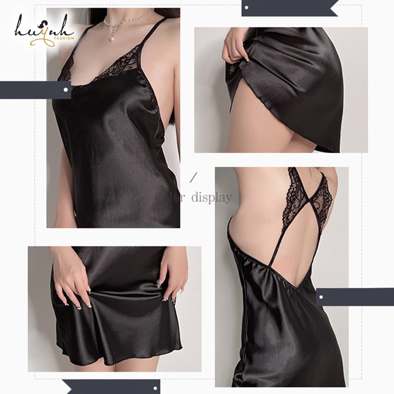 Đầm Ngủ Lụa Satin Hở Lưng Váy Ngủ Hai Dây Phối Ren Cổ V - N87