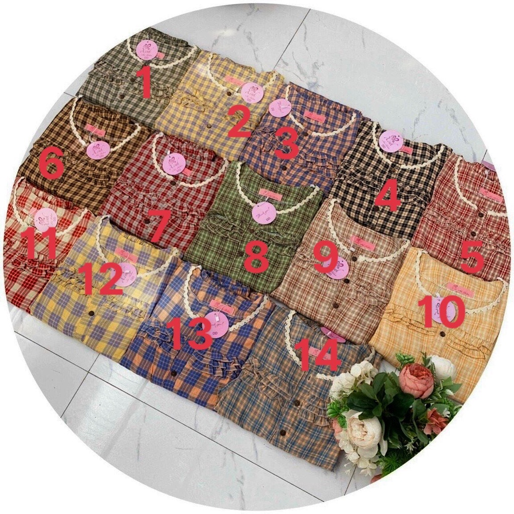 Bộ đồ mặc nhà kẻ viền ren bo tay