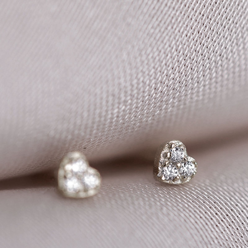 Bông Tai Hình Trái Tim Đính Đá Zircon Mini Màu Bạc Dễ Thương Cho Nữ