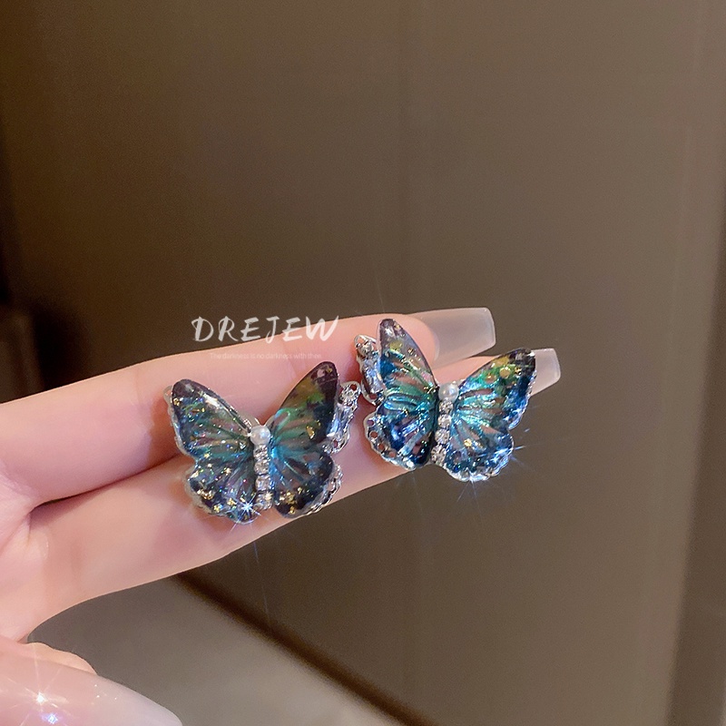 DREJEW Khuyên tai mạ bạc hình bướm đính đá zircon ngọc trai phong cách Hàn Quốc