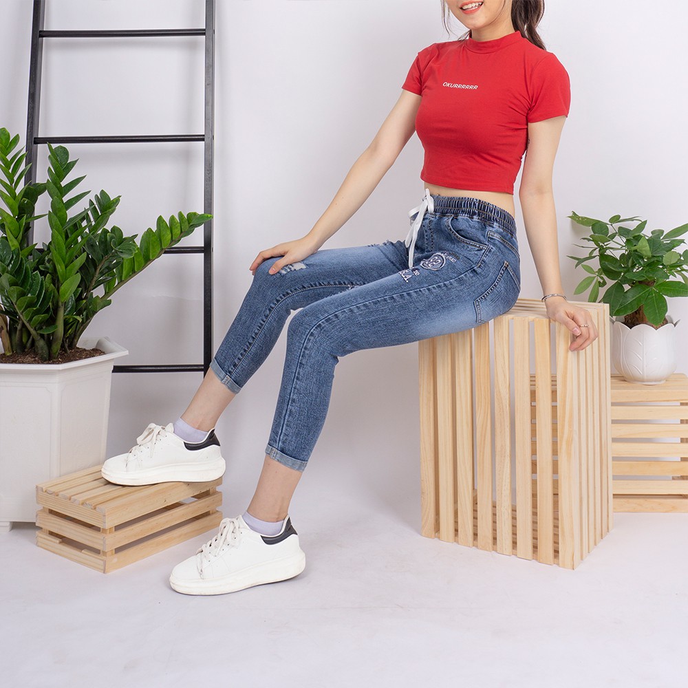 Quần jean nữ Ulzzang GENZ baggy lưng thun nữ thêu chữ thời trang co giãn ZWJ005