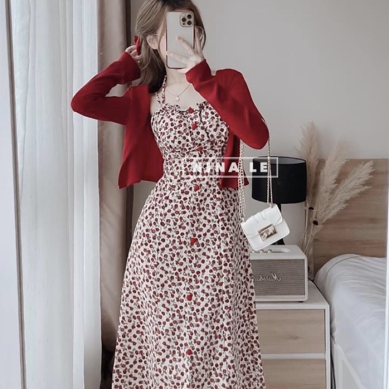 Set váy hai dây hoa hồng cúc bọc xòe dài mix áo len tăm đỏ tiểu thư loại 1 | BigBuy360 - bigbuy360.vn