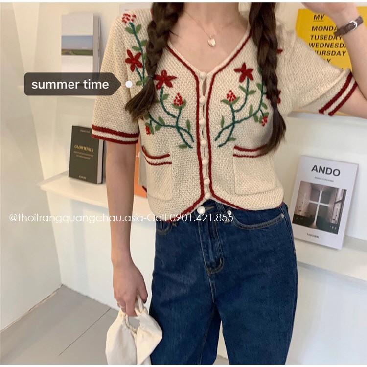 (Hàng Nhập) Áo Croptop Len Siêu Thông Thoáng Thêu Hoa &quot;Style Hàn Quốc&quot; OLOME1