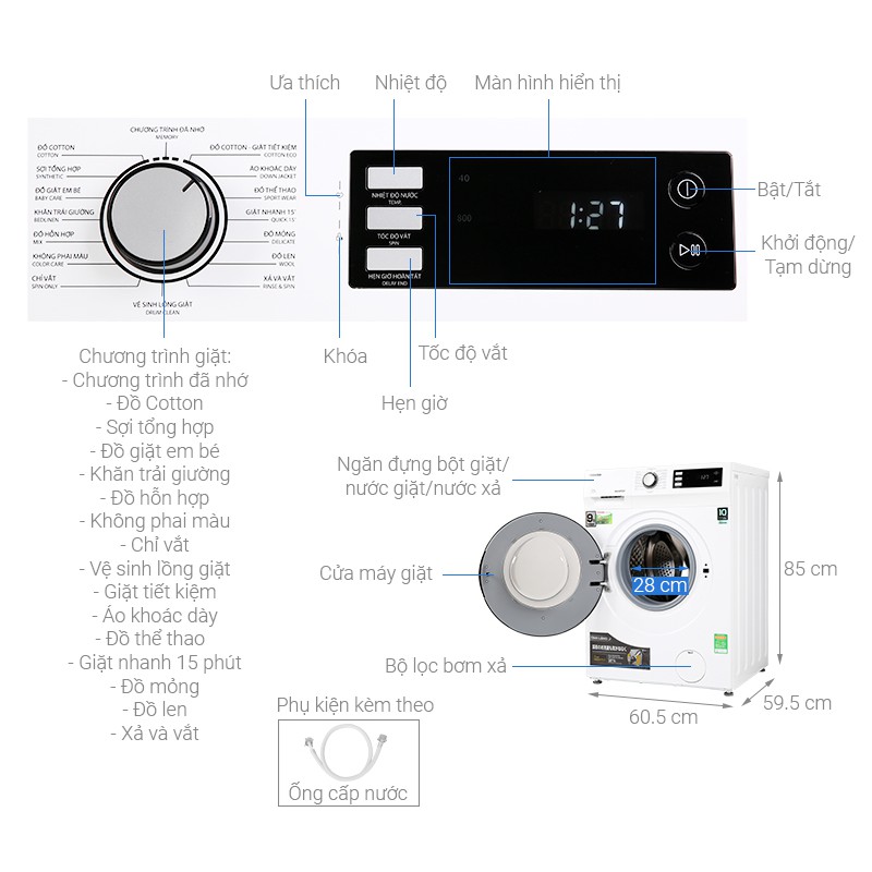 Máy giặt 9.5kg cửa trước Toshiba Inverter TW-BK105S2V(WS)