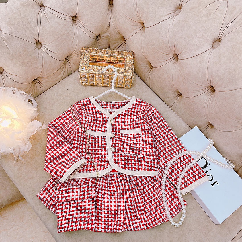 SET VÁY DẠ CADIGAN DÀI TAY HỌA TIẾT HOUNDSTOOTH KÈM TÚI ĐEO CỰC XINH CHO BÉ GÁI SIÊU ẤM ÁP SIZE 15-34KG [V28]