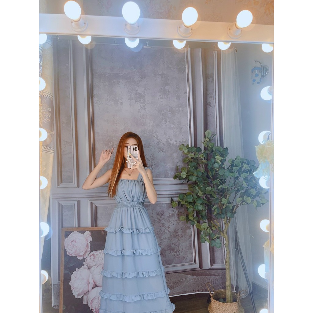 Đầm maxi vải voan tay cánh tiên có lót trong 5 tầng tiểu thư hot trend