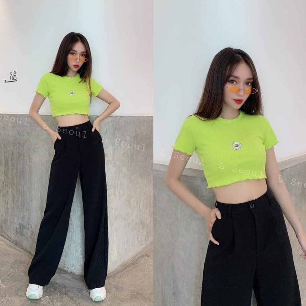 ÁO CROPTOP HOA HƯỚNG DƯƠNG MẶT CƯỜI 4 màu hot - ÁO THUN BODY KIỂU TÍM XANH NEON ĐEN TRẮNG ་