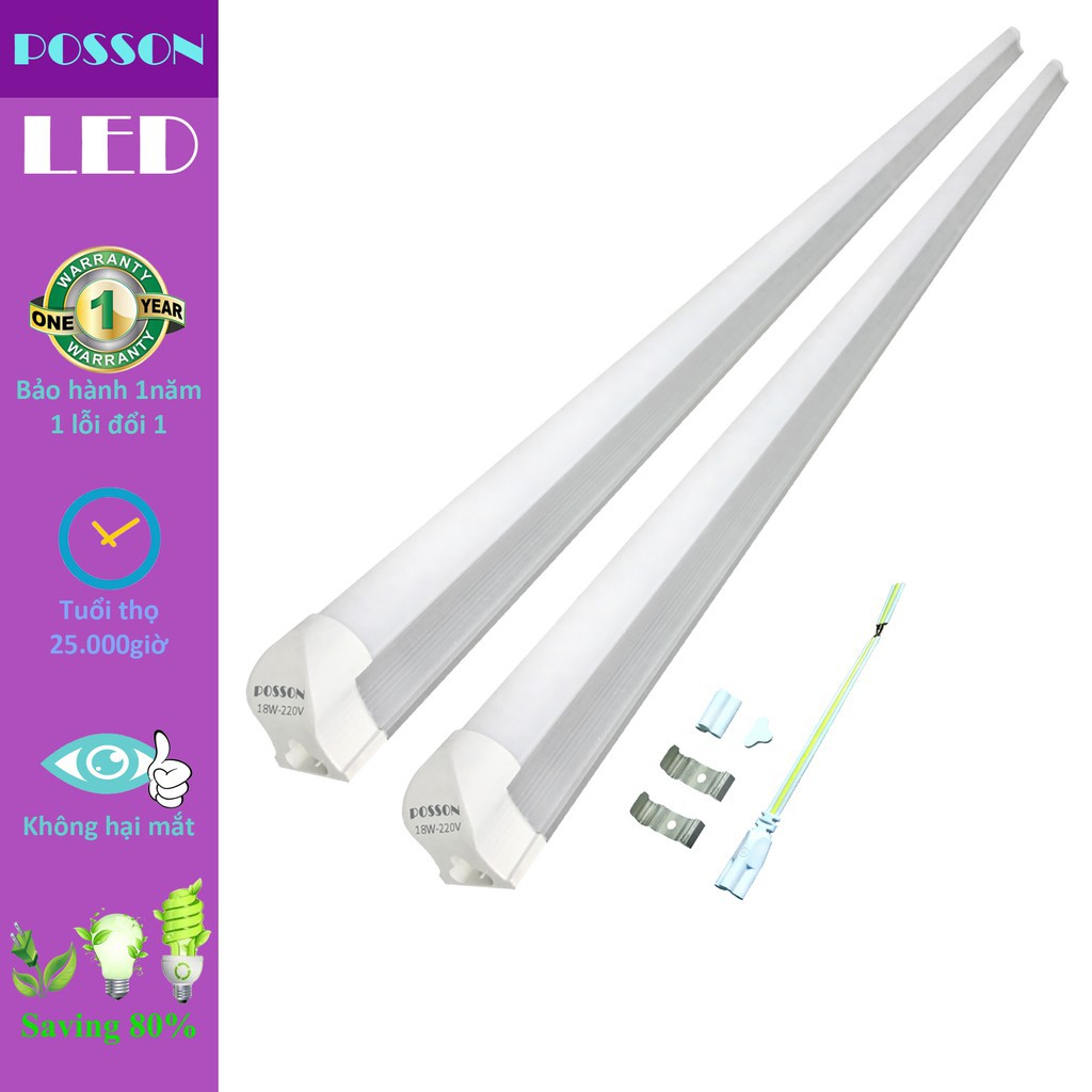 Giá Tốt -  2 Đèn tuyp Led T8 1m2 18w liền máng sáng trắng-vàng nắng Posson LT8-120-120G