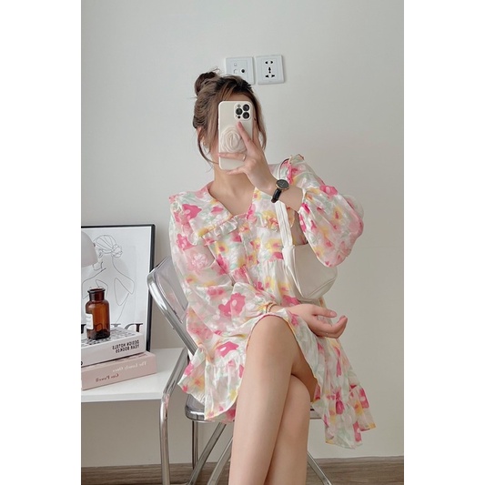 Váy babydoll hoa tơ cổ vuông bèo tay bo
